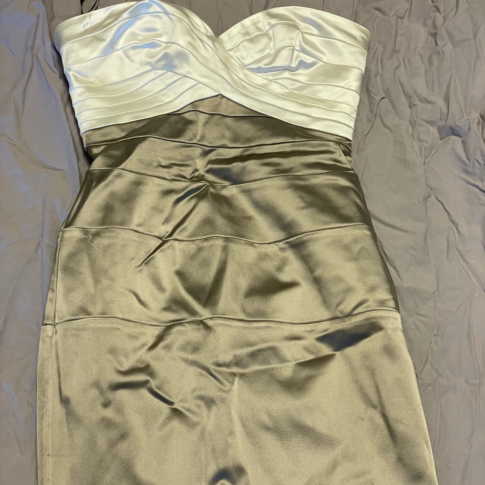 BEBE Rory Satin Strapless Colorblock Bandage Sexy Bodycon Mini Dress Size S
